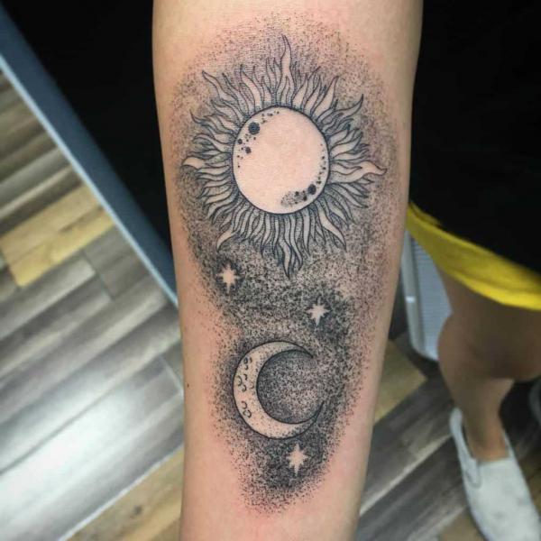 Greyscale dotwork sun and moon semicolon tattoo