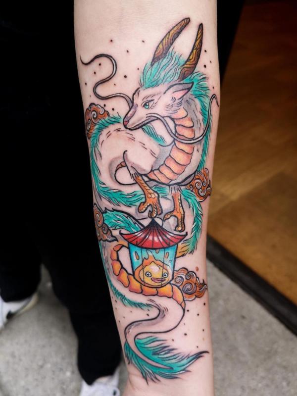 Haku dragon and Calcifer in lamp tattoo