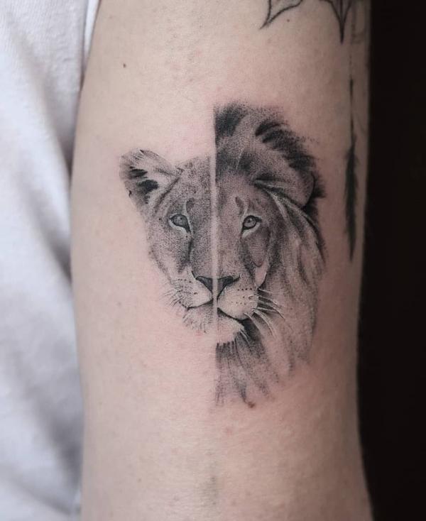 Half lioness half lioness tattoo realistic