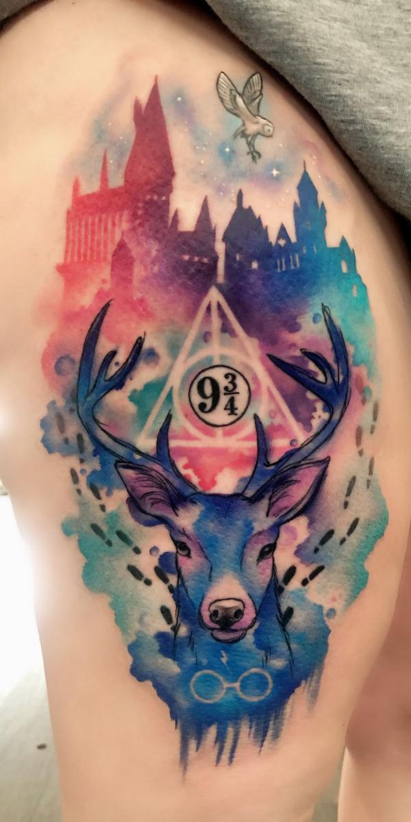 Harry Potter with patronus stag deathly hallows and Platform Nine and Three Quarters tattoo watercolor