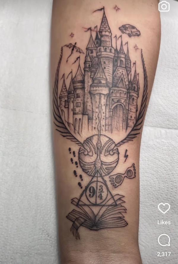 Hogwarts School Golden Snitch and deathly hallows tattoo