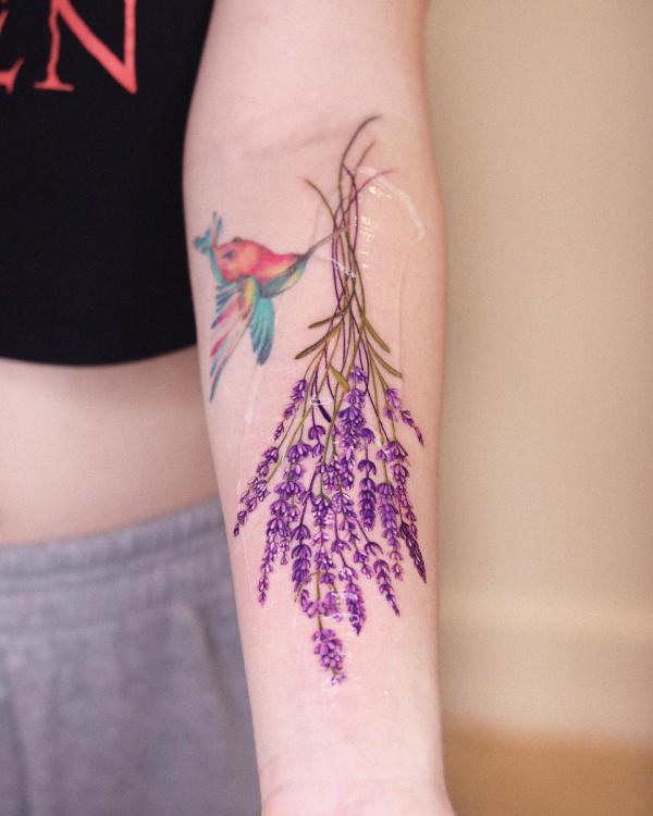 Hummingbird and a bouquet of lavender