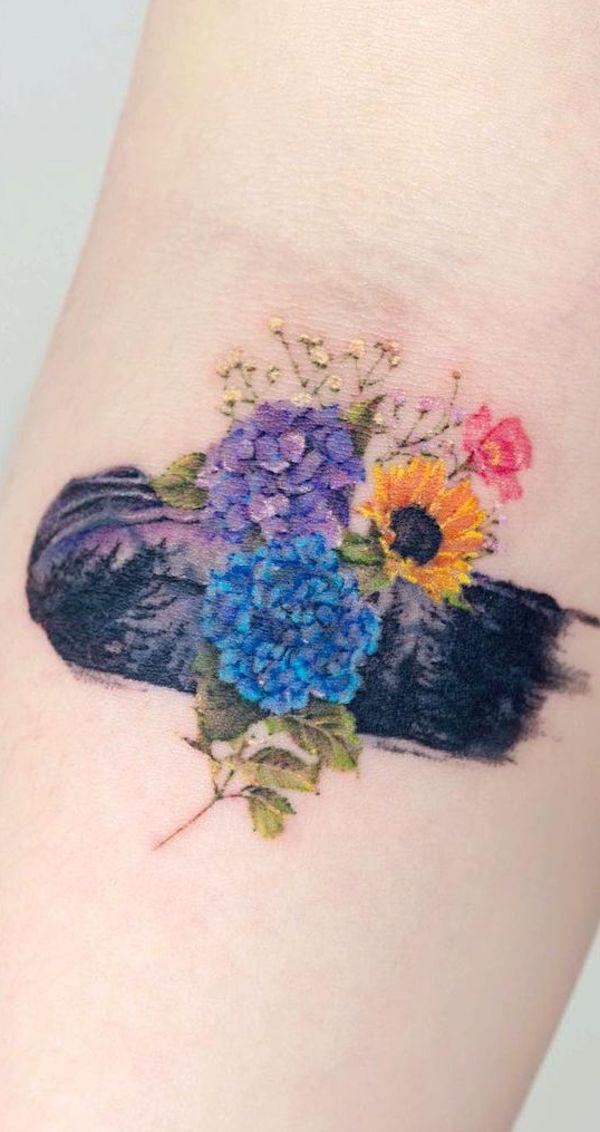Hydrangea and Sunflower Tattoo
