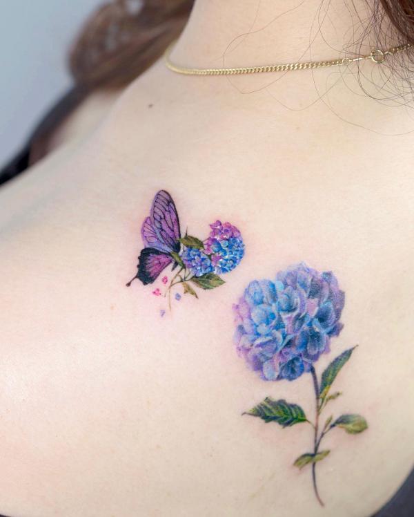 Hydrangea and butterfly tattoo