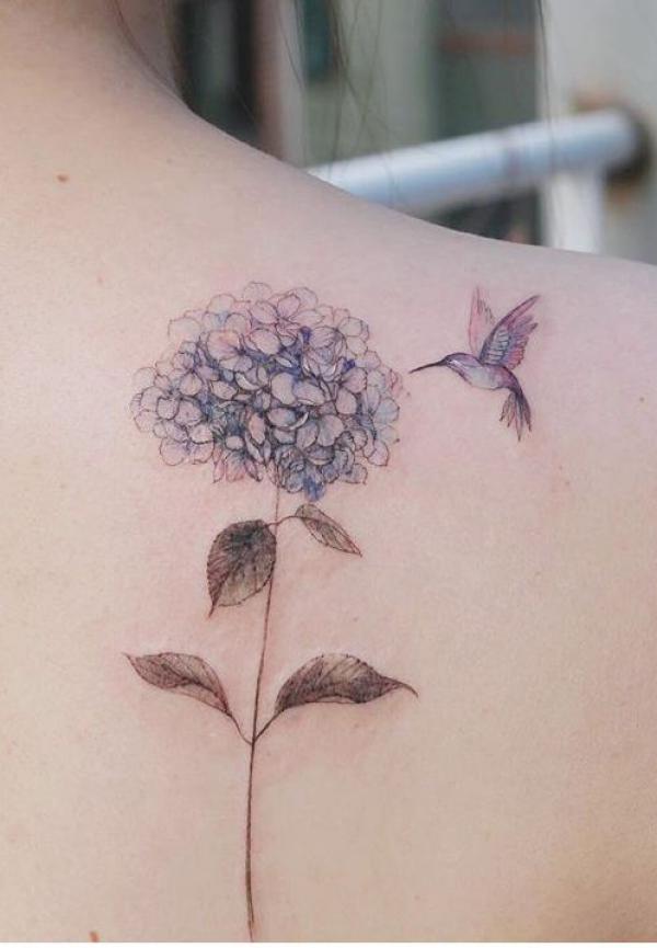 Hydrangea and hummingbird tattoo