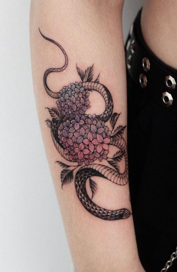 Hydrangea and snake tattoo