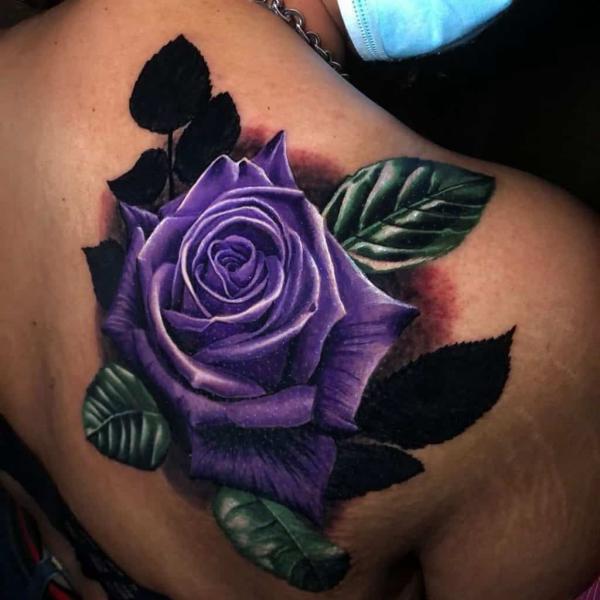 Large purple rose shoulder blade tattoo