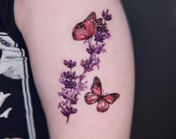 Lavender and two red butterflies tattoo