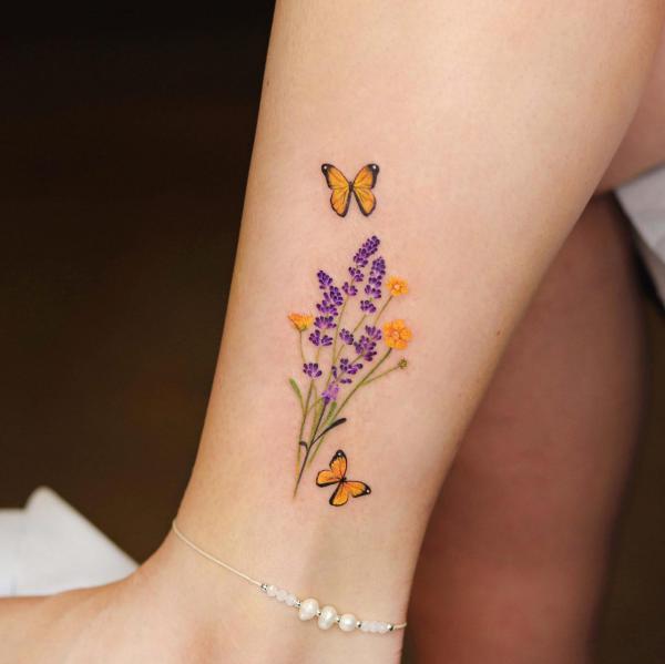 Lavender and two yellow butterflies tattoo