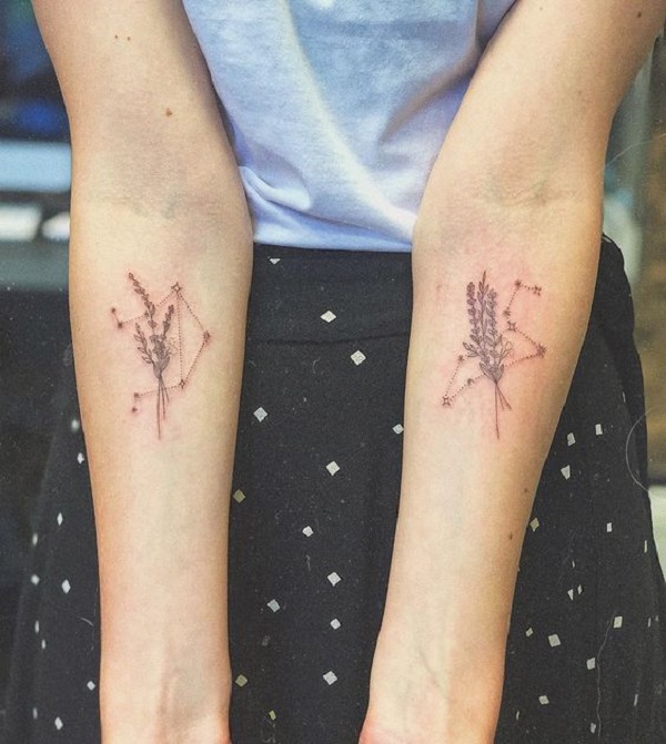 Lavender with Leo and Libra constellation matching tattoos