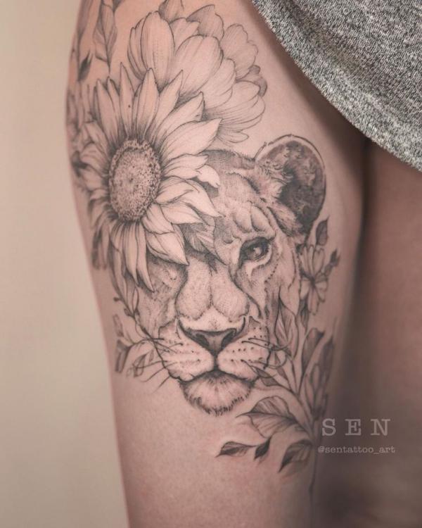 Leo Sunflower and Lioness Tattoo on thigh