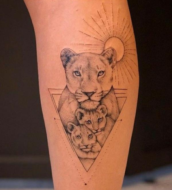 Leo lioness and cubs with sun tattoo