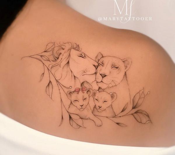 Lion and lioness with 3 cubs family tattoo