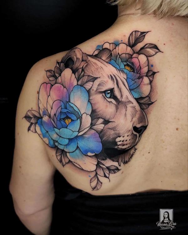 Lioness and pony shoulder blade tattoo