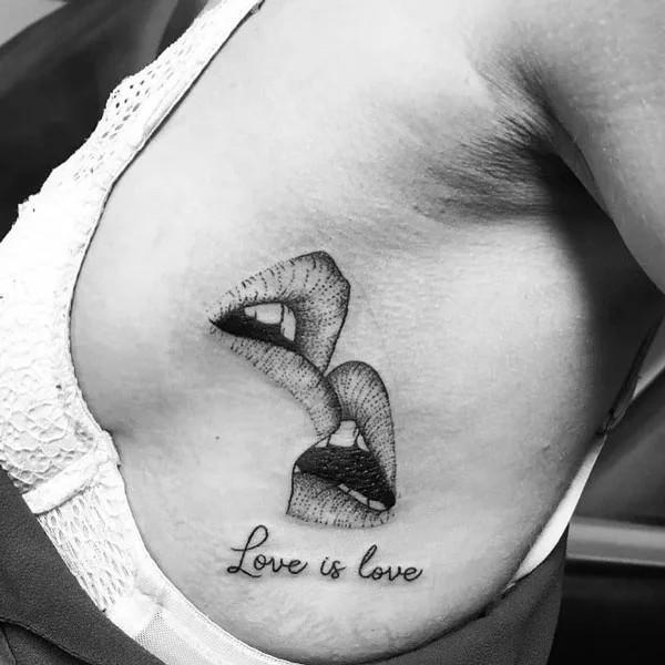Lips side boob tattoo with phrases Love is love