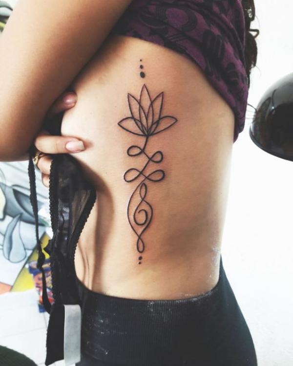 Lotus outline with Unalome side boob tattoo