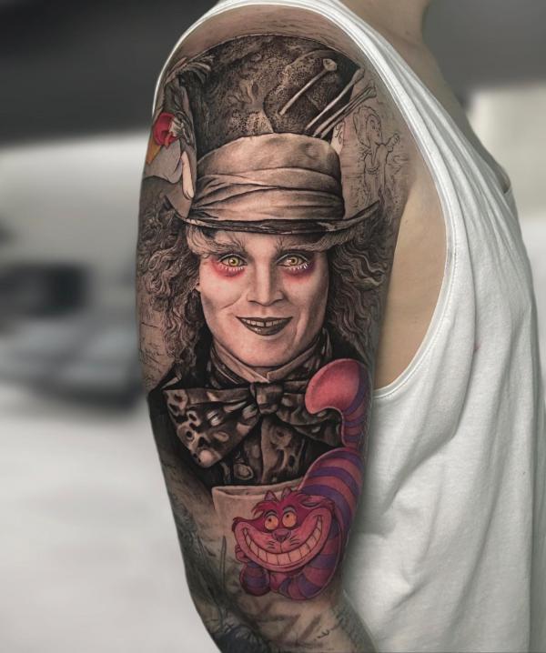 Mad Hatter and Cheshire Cat sleeve tattoo