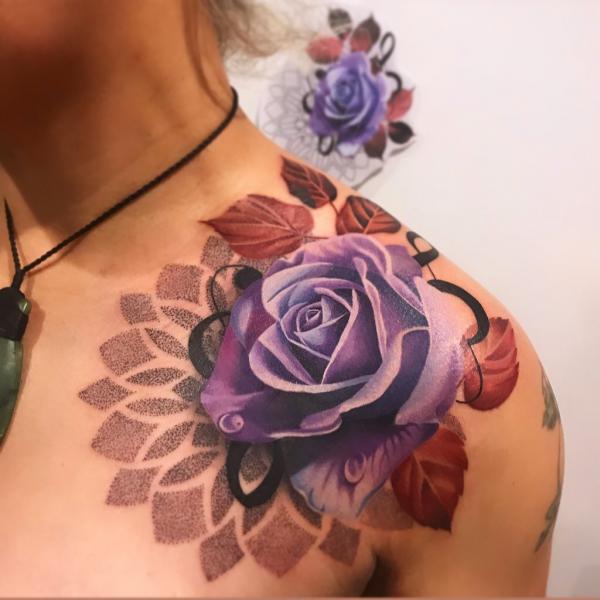 Mandala and purple rose shoulder tattoo