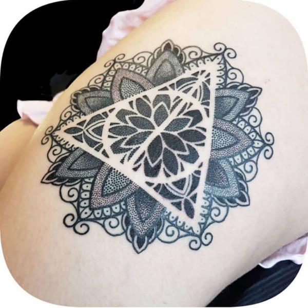 Mandala deathly hallows thigh tattoo