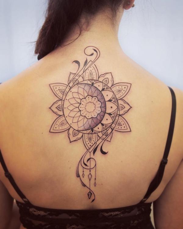 Mandala moon and sun flower back tattoo