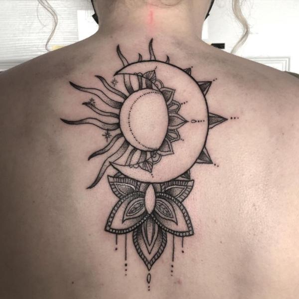 Mandala sun and moon back tattoo