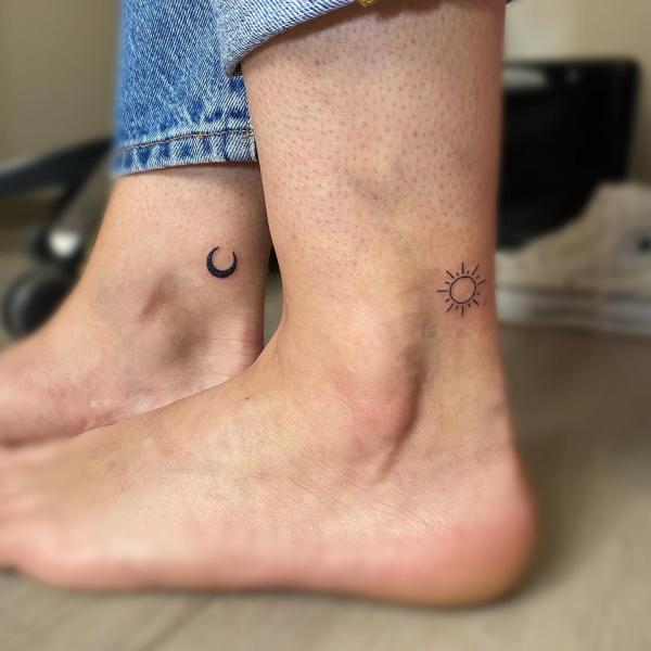 Minimalist Sun and moon ankle tattoo