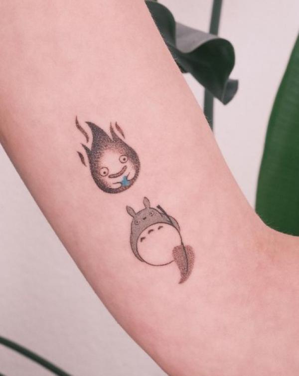 Minimalist Totoro and Calcifer tattoo