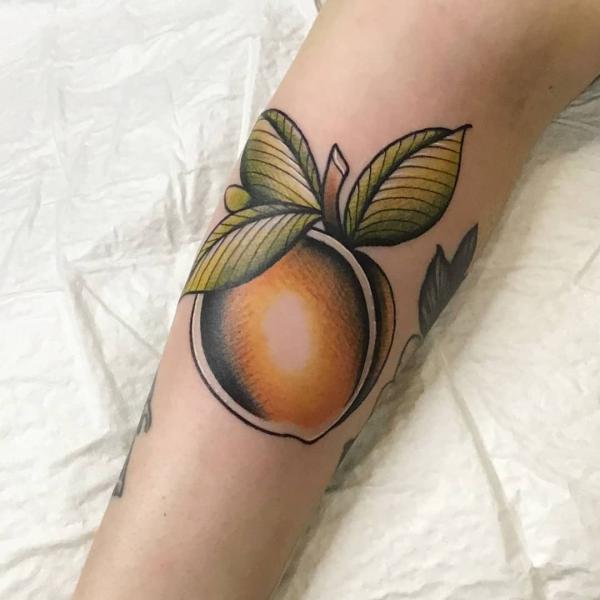 Neo Traditional single peach tattoo on arm