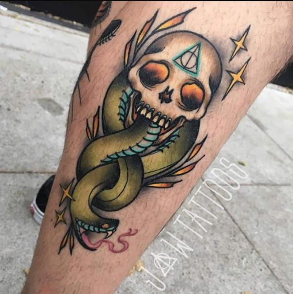 Neo traditional Death Eater with deathly hallows tattoo