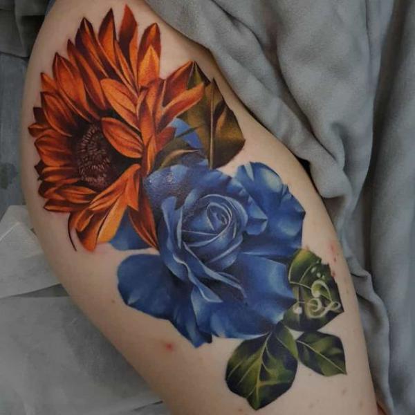 Neo traditional blue rose and sunflower
