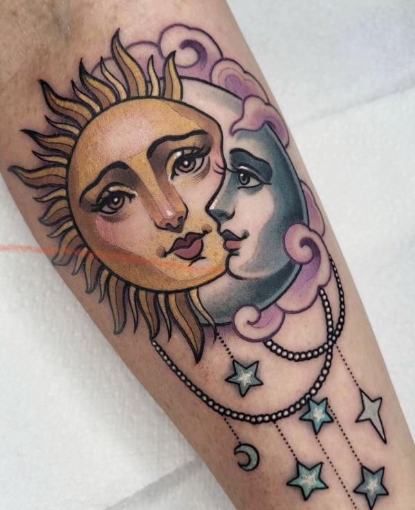 Neo traditional sun and moon tattoo