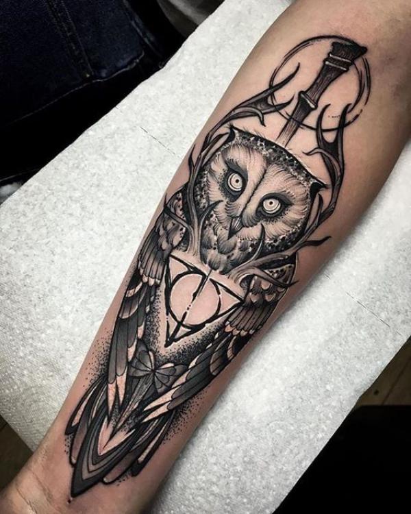 Owl and deathly hallows forearm tattoo