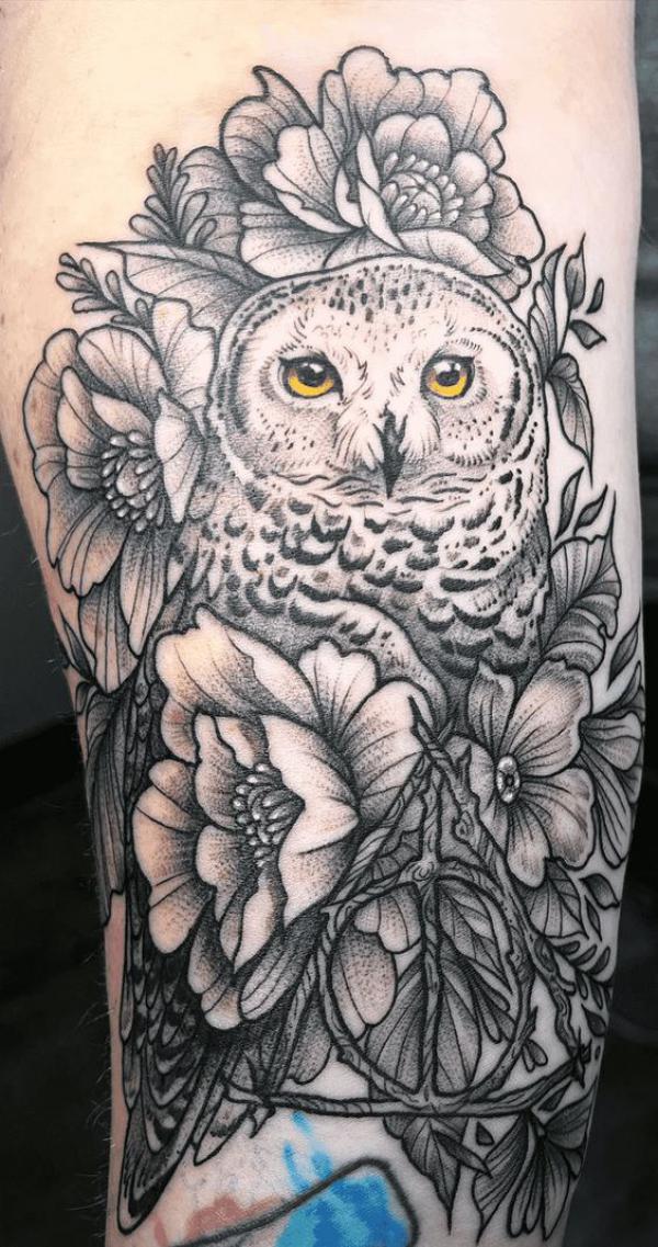Owl with peonies and deathly hallows tattoo black and grey