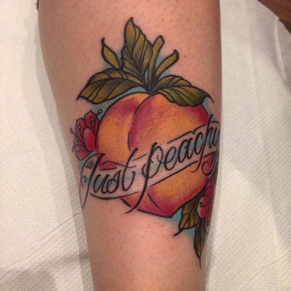 Peach tattoo with words Just Peachy