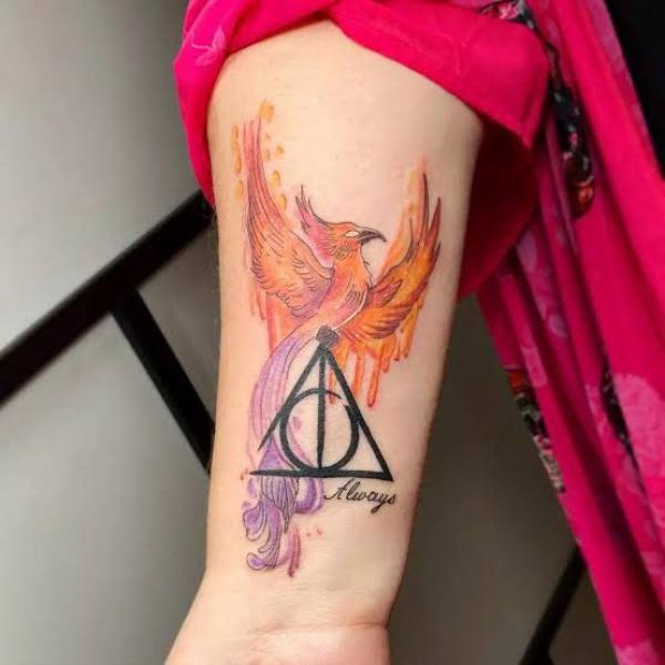 Phoenix and deathly hallows with word Always tattoo