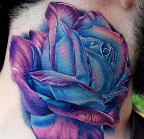 Purple and blue rose neck tattoo