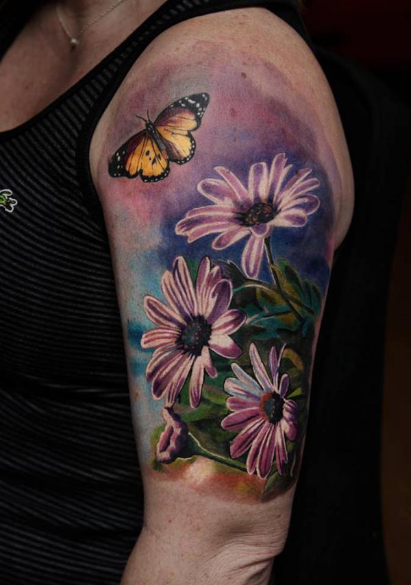 Purple daisy and butterfly