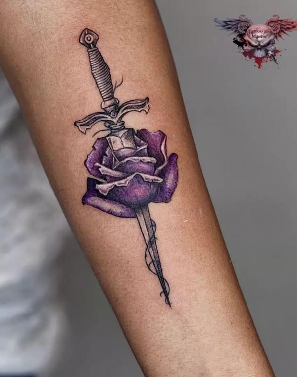 Purple rose and sword tattoo