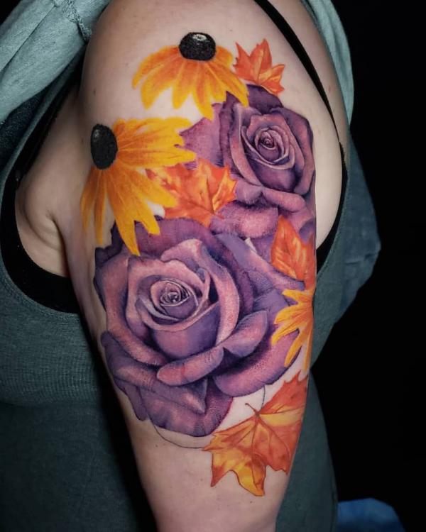 Purple rose and yellow maples