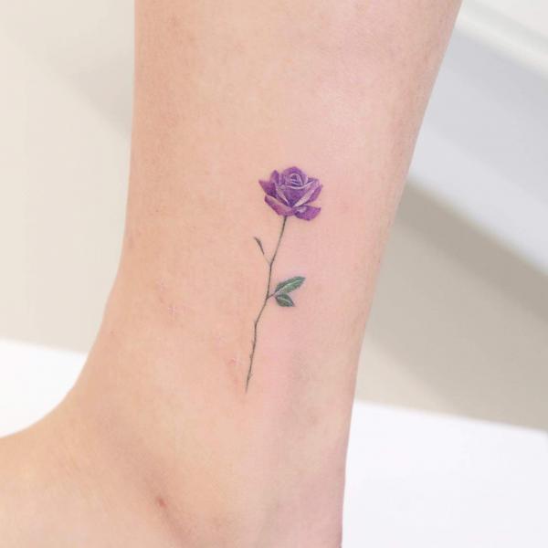 Purple rose ankle tattoo