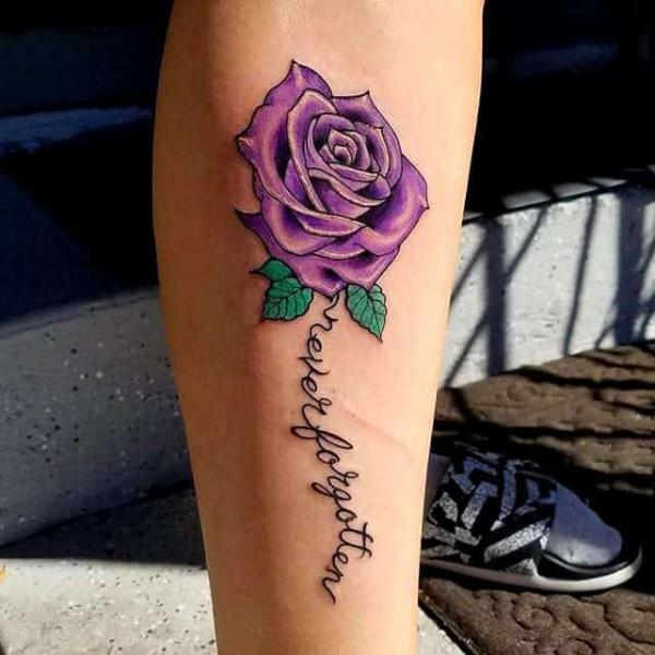 Purple rose with phrase Never Forgotten