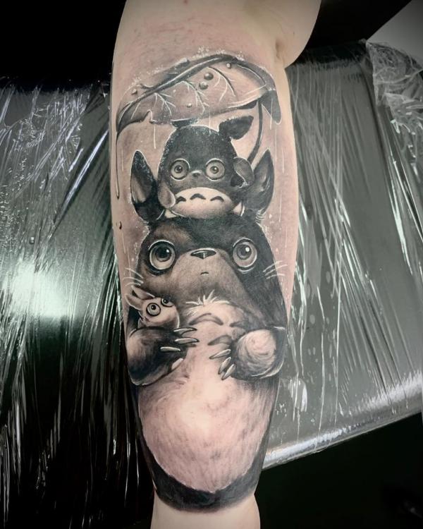 Realistic Totoro with leaf tattoo