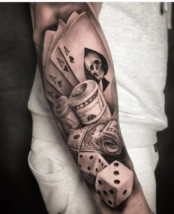 Realistic cards money and dice tattoo
