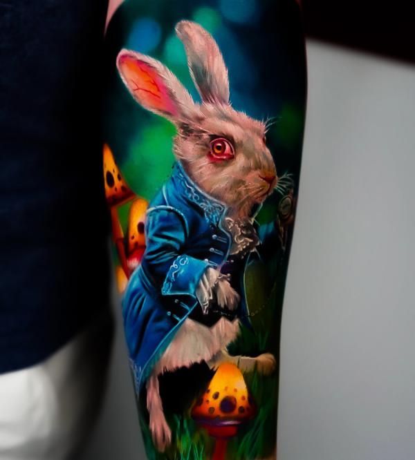 Realistic colored white rabbit tattoo