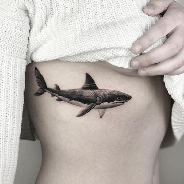 Realistic shark side boob tattoo