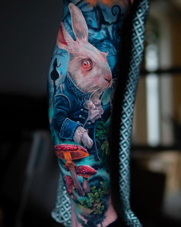 Realistic white rabbit and mushroom tattoo
