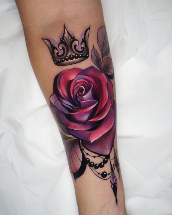 Red and purple rose with a leaf crown