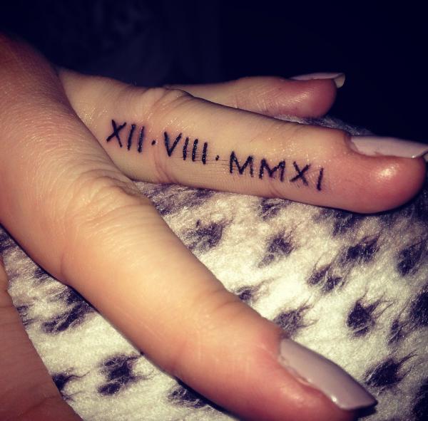 Roman numerals wedding date finger tattoo