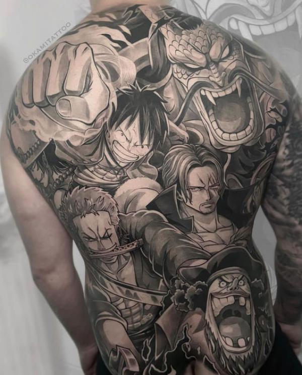 Shanks Kaido Blackbeard Zoro and Luffy back tattoo