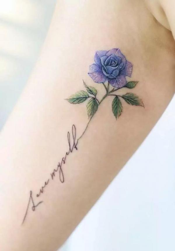 Single blue rose with words Love Yourself